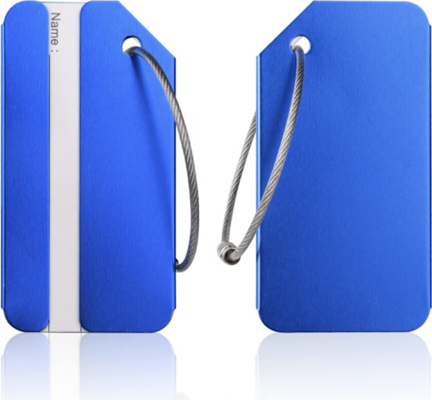 Bilde av 2 blå bagasjelapper, bagasjelapp i aluminium med rustfritt stål c