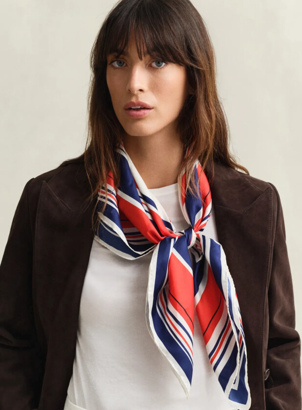 Nautical Stripe Print Silk Scarf - Red - ONE SIZE