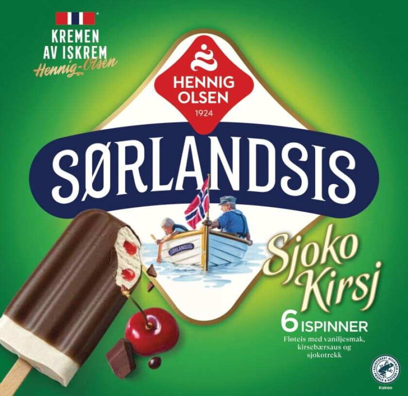Sørlandsis En eske med 6 stk Sjokokirsj byr på en balansert fløteis med deilig kirsebærsaus og et sprøtt sjokotrekk. En av våre mest etterspurte klassikere.