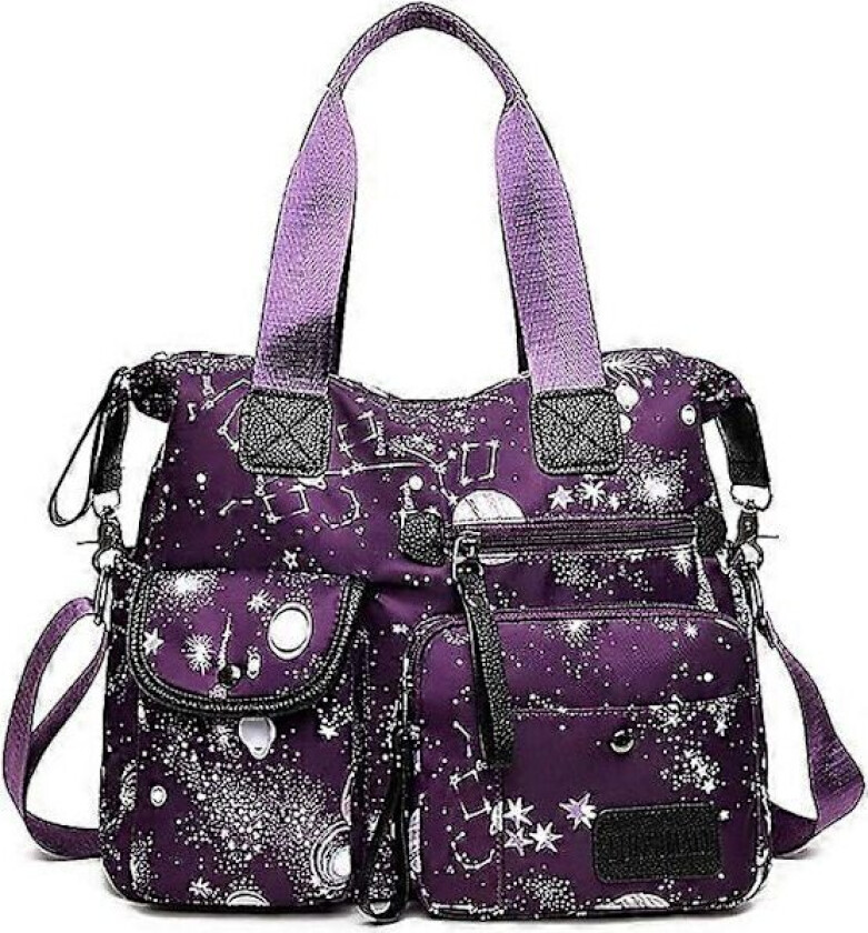 Tote Bag for Kvinner, Stor Kapasitet Topphåndtak Håndvesker med Flere Lommer & Glidelås, Lett Dame Skuldervesker, Nylon Crossbody (Lilla Stjernehimmel)