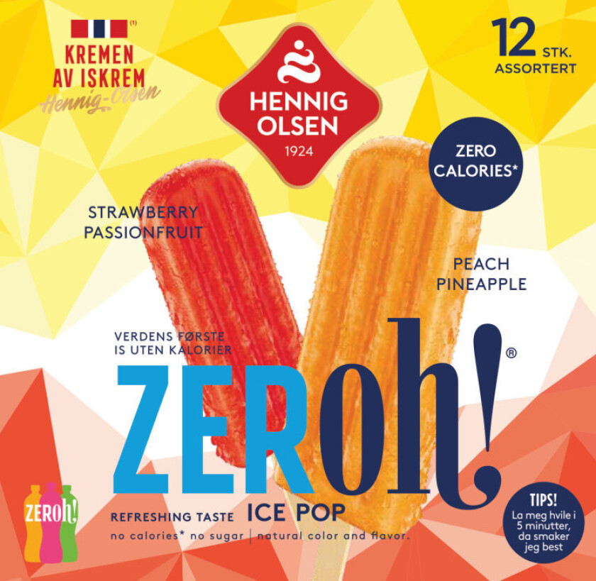 Zeroh! Verdens første is med 0 kcal!Pakken inneholder to friske smaksvarianter:Strawberry & PassionfruitPeach & PineappleIsen er laget med naturlig aroma og farge, og er helt uten sukker.