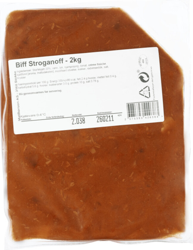 Biff Stroganoff Klassisk stroganoff med mørt oksekjøtt og en tomatsaus med sopp og løk. Serveres med ris, potetmos eller kokte poteter.