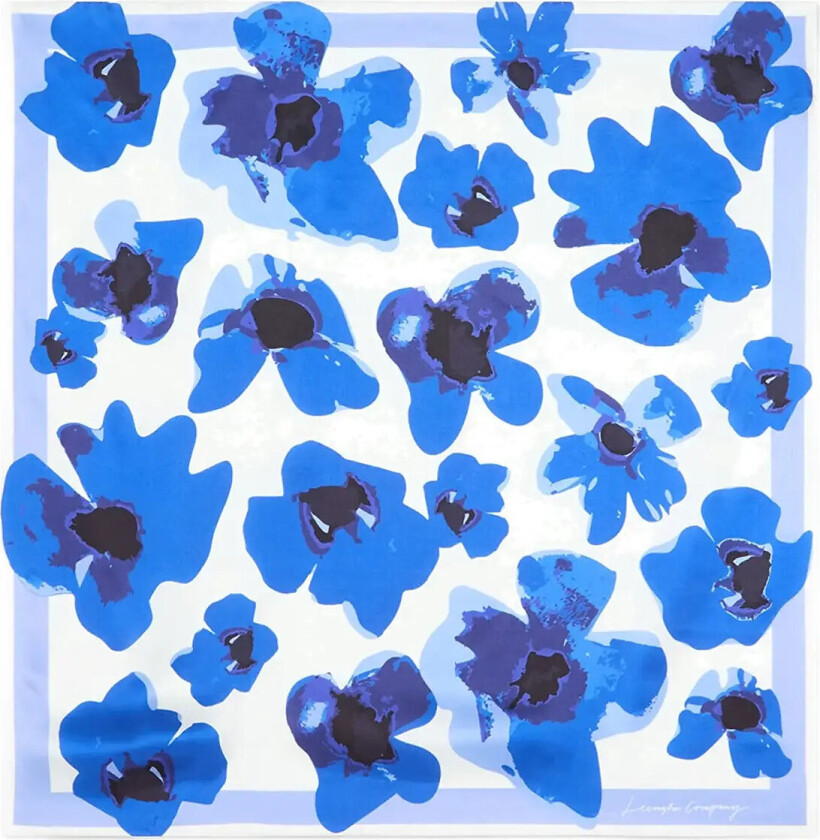 Flower Printed Silk Scarf - Blue - ONE SIZE