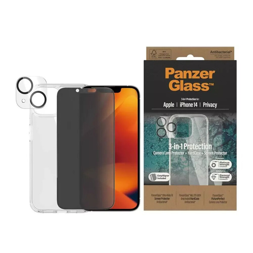 iPhone 14  3-i-1 Bundle med EasyAligner - Privacy Beskyttelsesglass (UWF) / Deksel / Kamerabeskyttelse - Gjennomsiktig