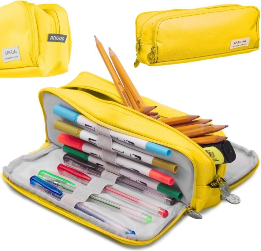 Romslig gult pennal med 3 rom