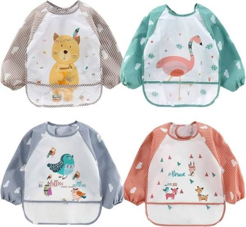 4 stk. langermet smekke for baby, vanntette smekker uten ermer, fleksible smekker for småbarn 6-24 måneder